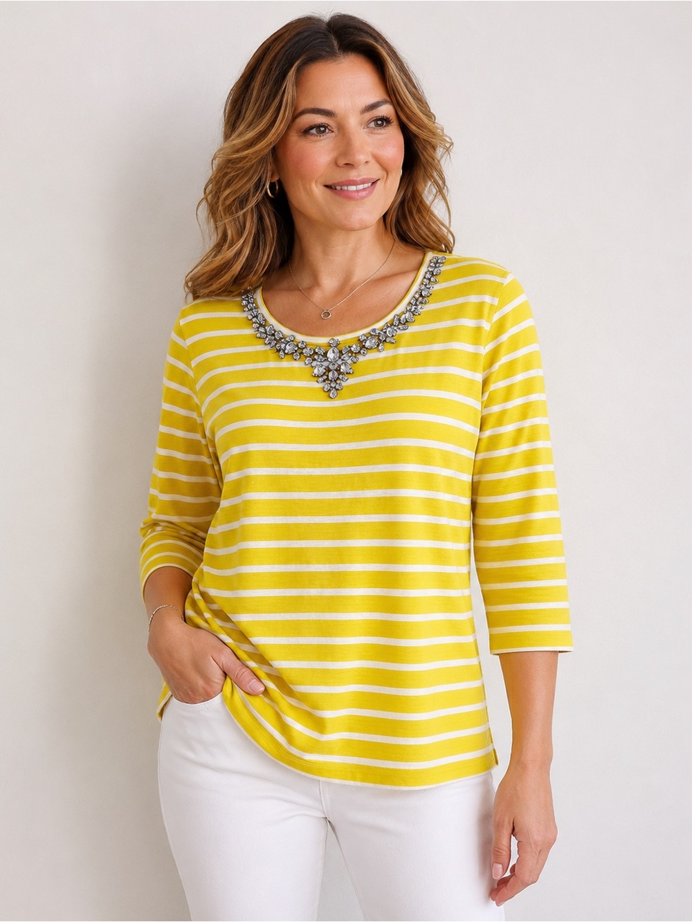crown & ivy Yellow and White Striped Embellished Boatneck Top